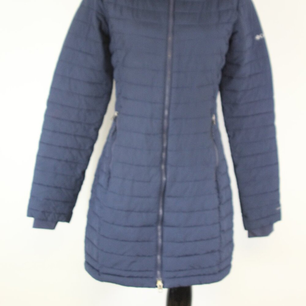 Columbia Women’s Omni-Heat Long Hooded Puffer‎ Jacket — Navy — Size Small - Picture 2 of 13